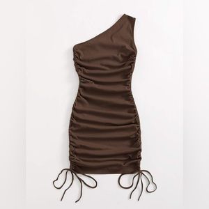 NWOT shein one shoulder brown ruched bodycon dress